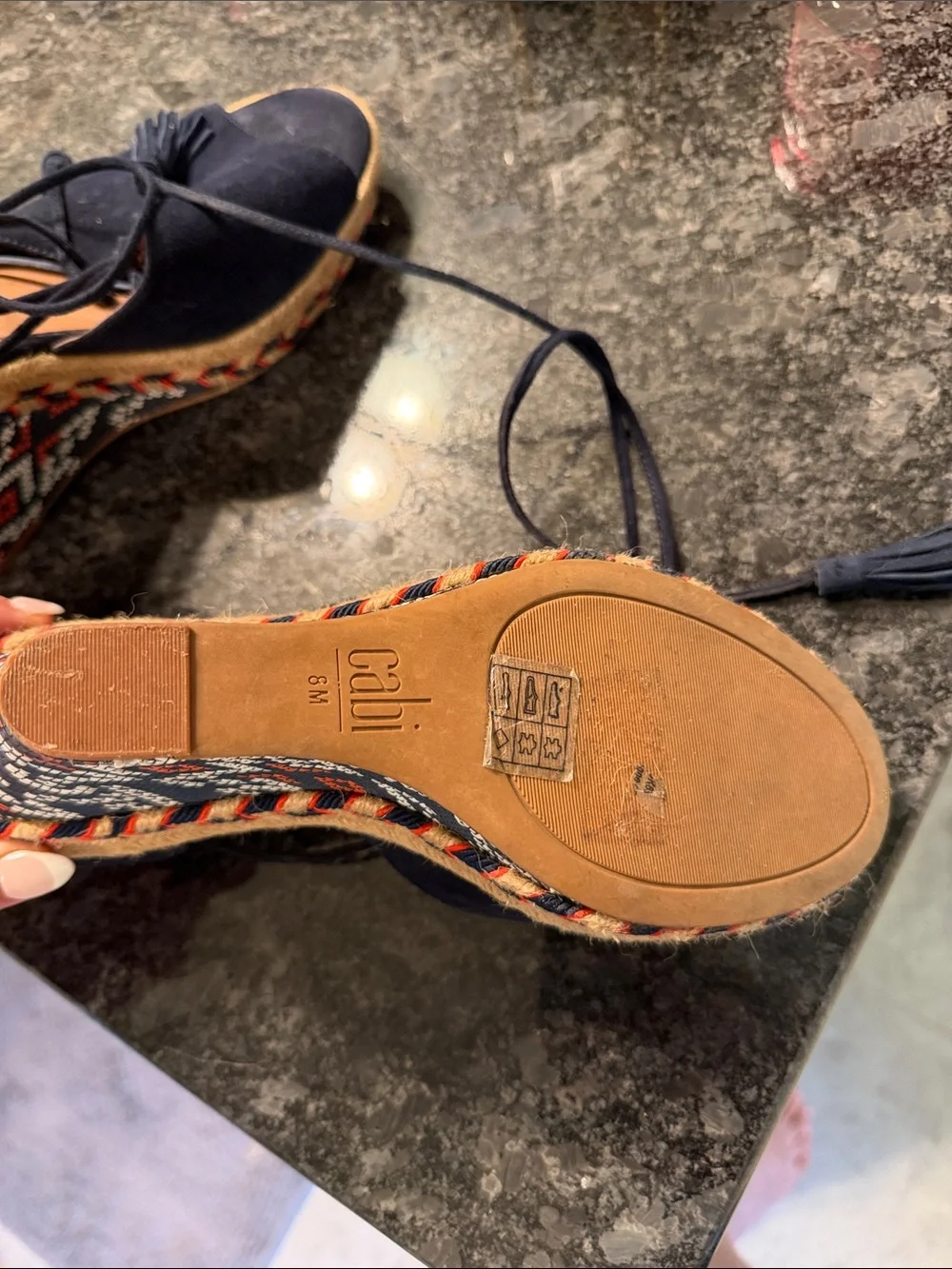 CAbi Navy Suede Lace-Up Espadrille Wedges with Patterned Heel